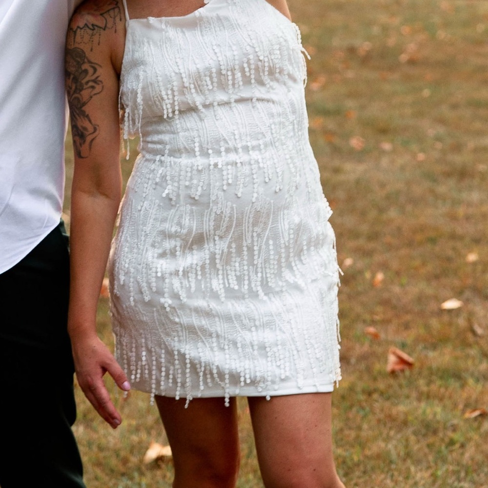 White Fringe Lace-Up Mini Dress
